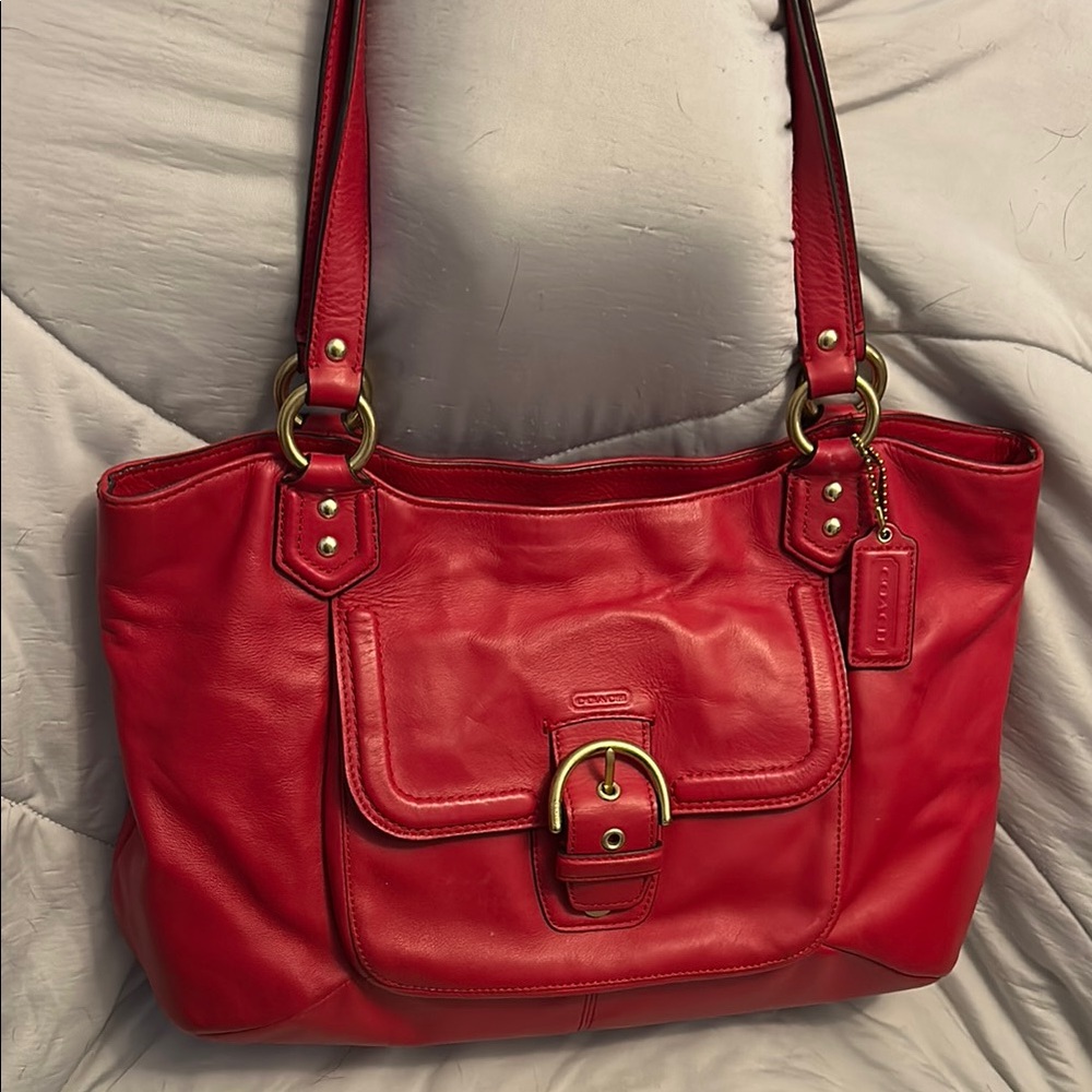 Coach Red Shoulder Bag with Glossy Leather and Gold Hardware